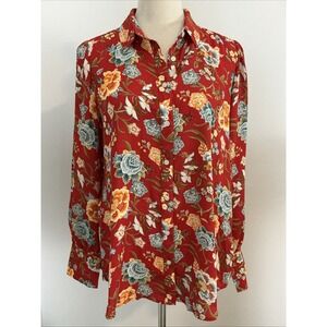 Loft Womens Red Floral Multi Cottagecore Blouse Top Sz Small‎